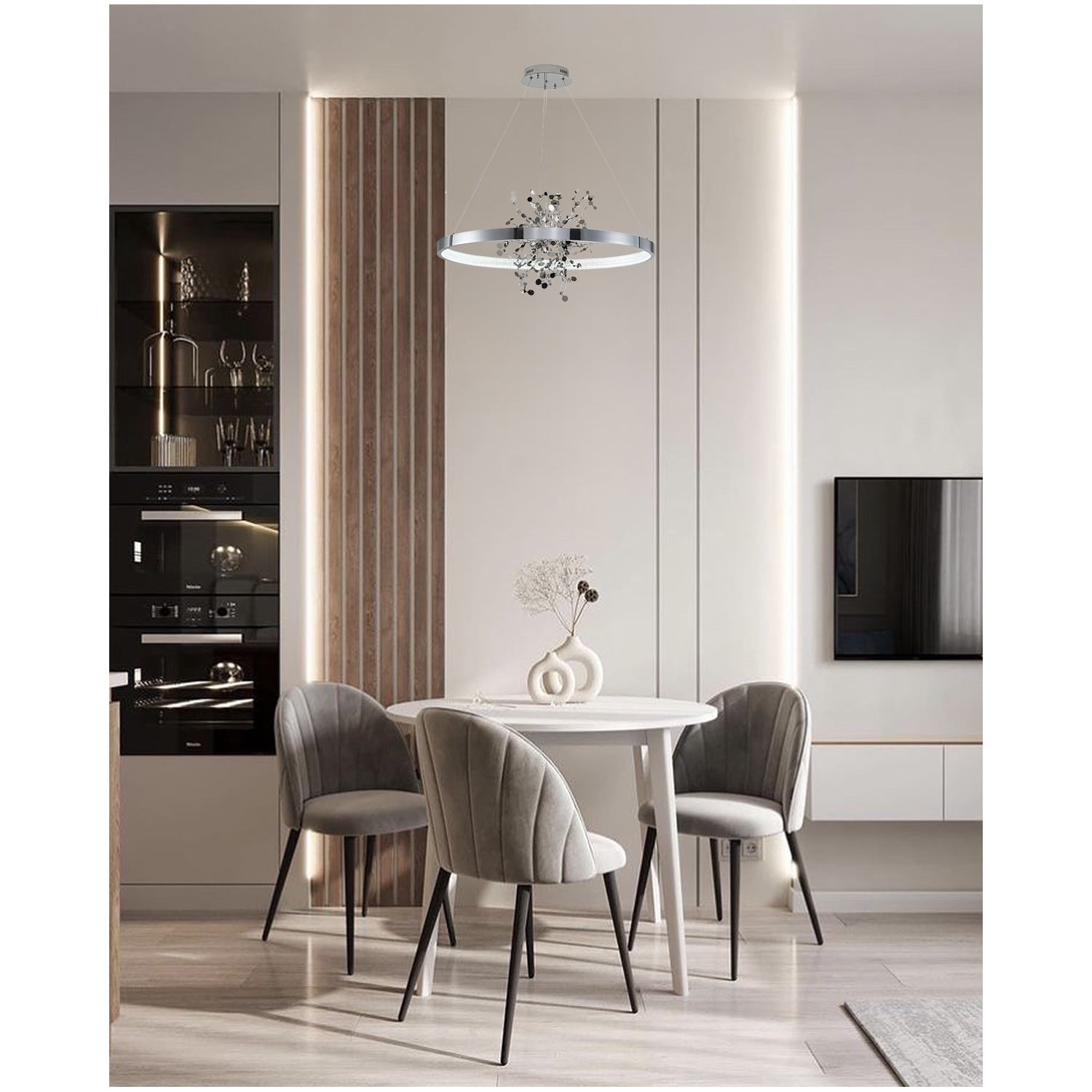 Design Living 1-Light D31.5" Chrome Frame Chandelier with a Gold Stainless Steel Confetti Interior and Transparent Diffuser
