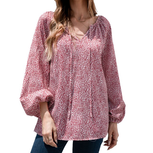 Entrar Blusa con cuello en V para mujer, estampado de puntos, manga de linterna, hombros descubiertos, camisetas sueltas, Casual, primavera, otoño, pulóver, Tops 1 1