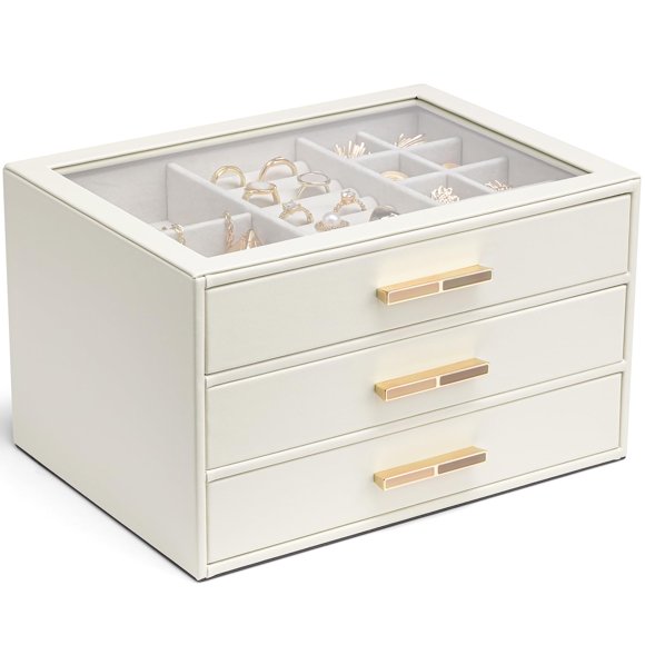 Vlando Boîte à Bijoux avec Couvercle en Verre, Organisateur de Bijoux avec 3 Tiroirs, Boîte à Bijoux à 3 Niveaux pour Femmes Filles, Cadeaux de Noël pour Femmes
