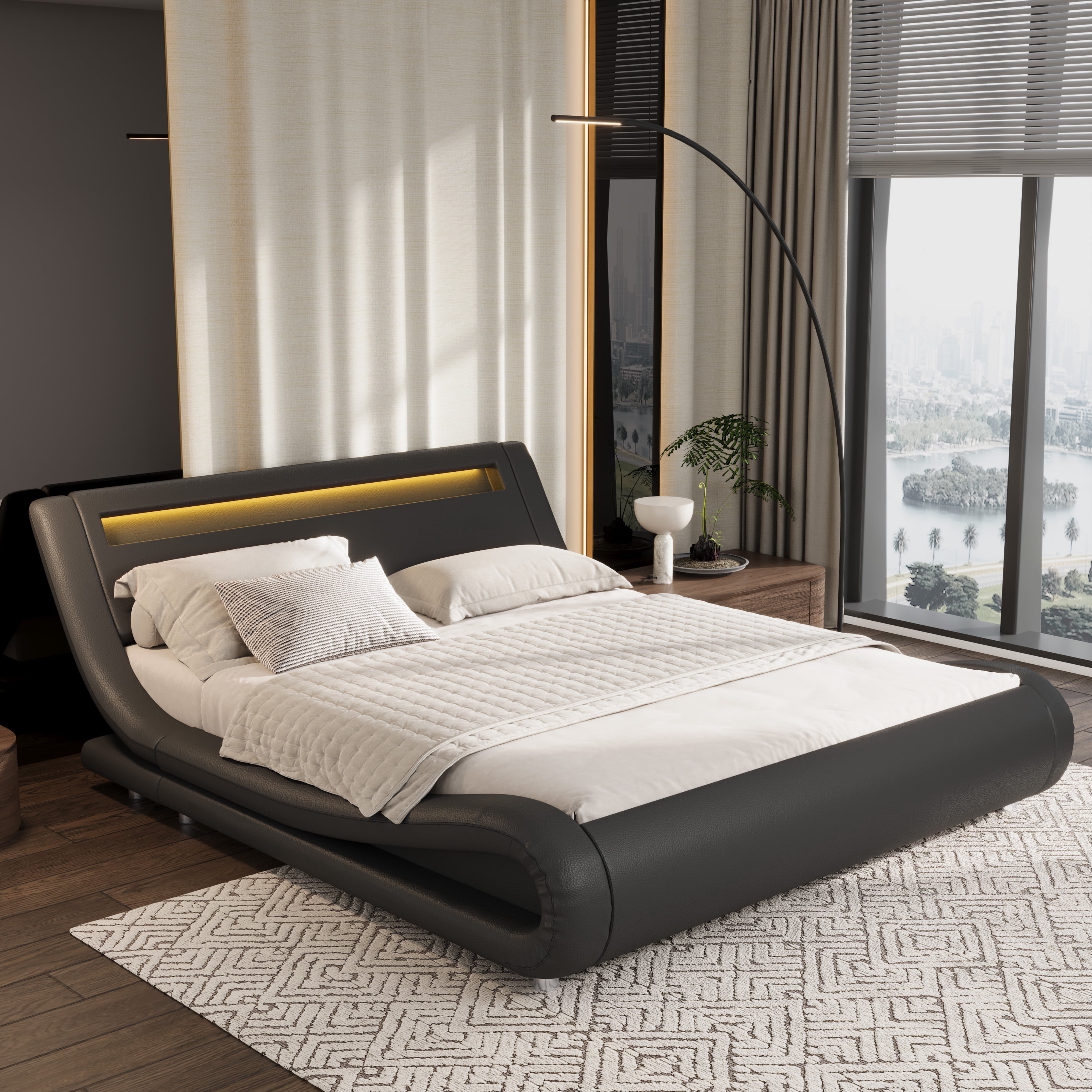Sifurni Full size Wave-Like Curve Deluxe Upholstered Modern Bed Frame with LED Headboard, Dark Gray
