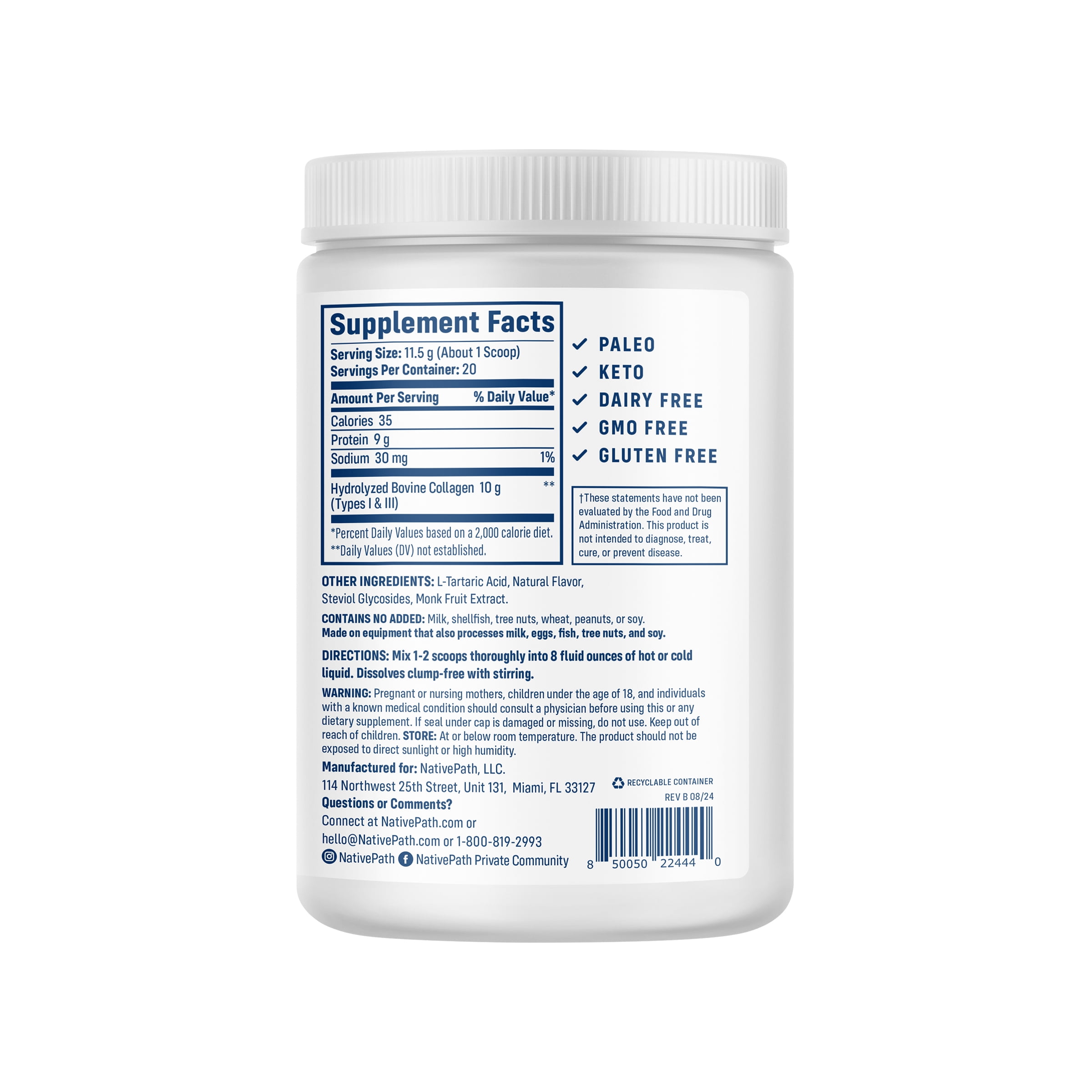 NativePath Wild Berry Collagen Peptides Powder, Grass-Fed Type 1 and 3, Keto, 20 Servings