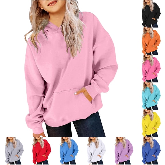 Djtdsds Solid Girls Oversized Pullover Hoodie Long Sleeve Loose Kangaroo Pocket Casual Daily Tops Pink,6-7 Years