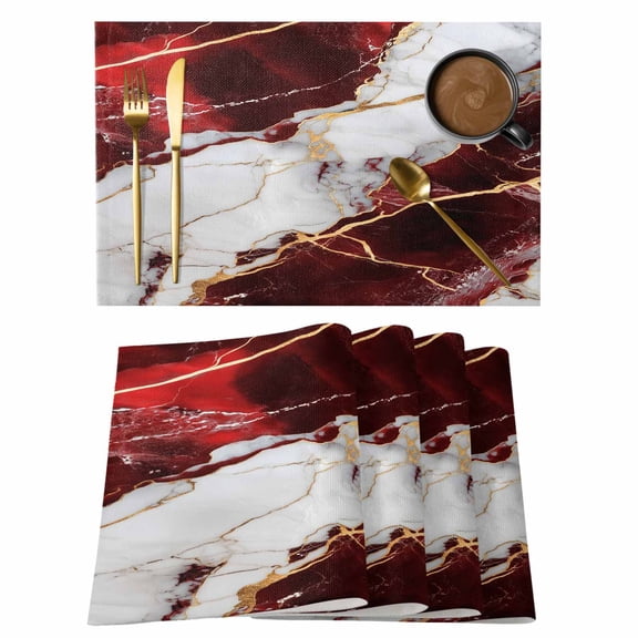 Marble Red Placemats Set of 4,Cotton Linen Fabric Place Mats,Modern Abstract Gold White Brick Stone Motif Washable Decorative Table Mats Protector for Home Kitchen Dining Wedding Party Coffee Tables