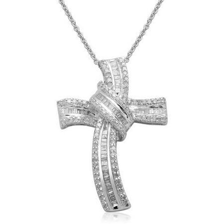 1/2 Carat T.W. Baguette and Round Diamond Sterling Silver Cross Pendant, 18