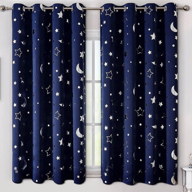Cortinas de estrellas, 2 paneles para ventanas pequeñas de guardería, cortina de ventana con temática espacial para oscurecer la habitación, cortinas para niños para dormitorio de bebés y niños