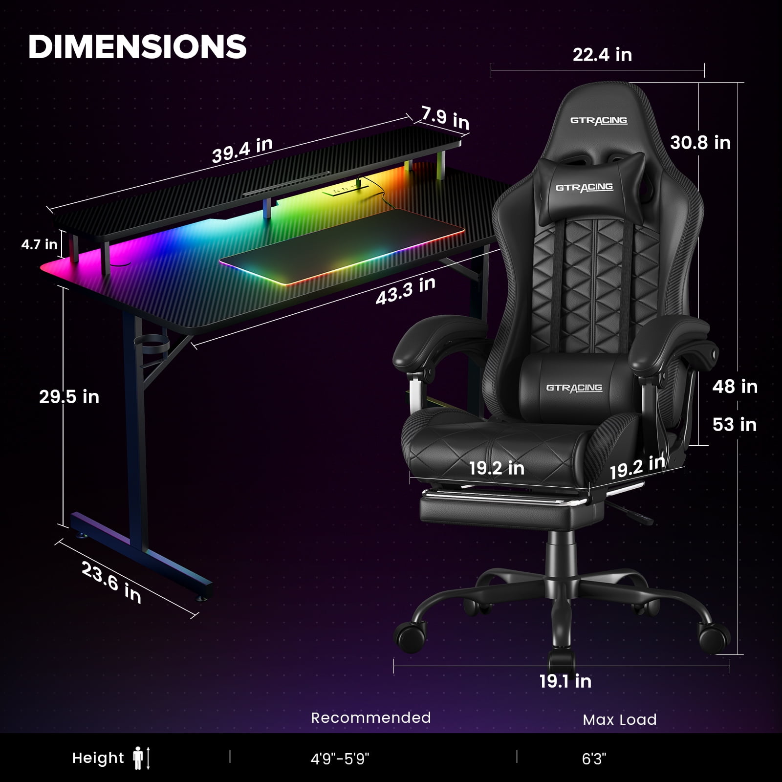 GTRACING LED Gaming Desk and Bluetooth Gaming Chair Set, Black