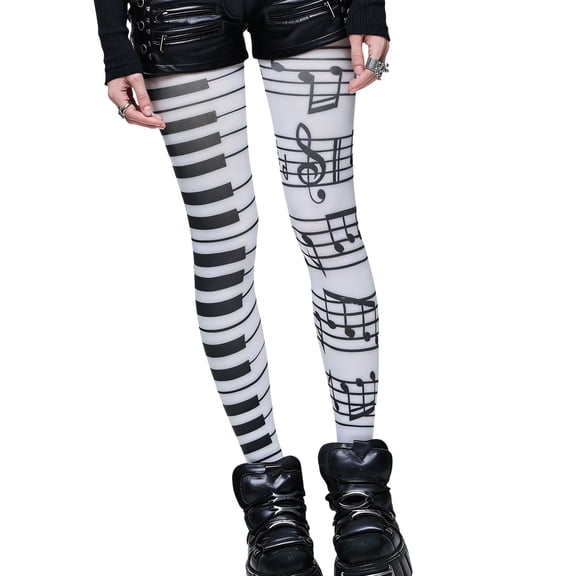 Piano Tights Leggings for Women Japanese Aesthetic Asymmetrical Musical Note Print Opaque White Pantyhose Stockings