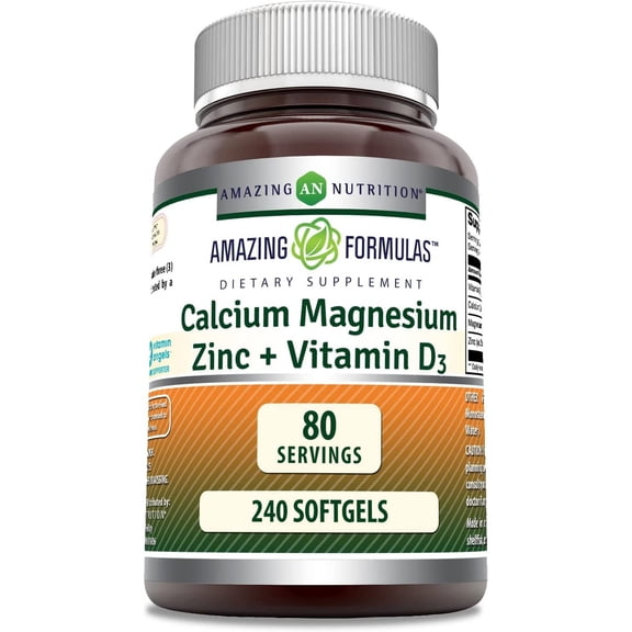 Amazing Formulas Calcium Magnesium Zinc   Vitamin D3 240 Softgels Supplement | Calcium 1000mg - Magnesium 500mg - Zinc 10mg Plus Vitamin D3 750 IU | Non-GMO | Gluten-Free