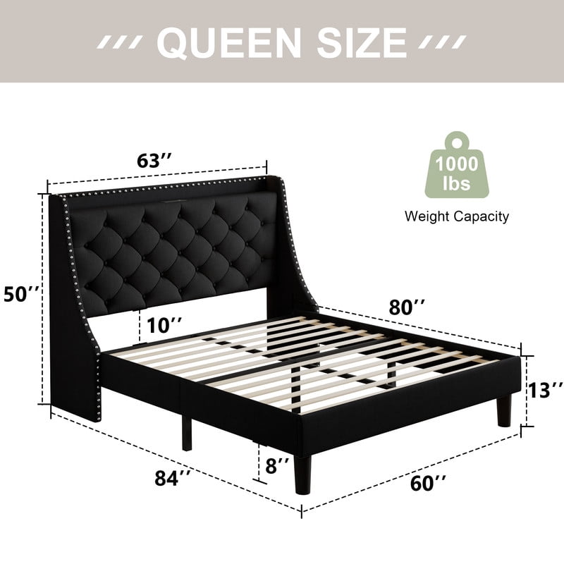 Feonase Queen Bed Frame with Luxury Wingback and Fast Charging Station,Upholstered Button Tufted Storage Headboard Platform Bed,Sturdy Wooden Slats Support,Noise-Free,Easy Assembly,Matte Black