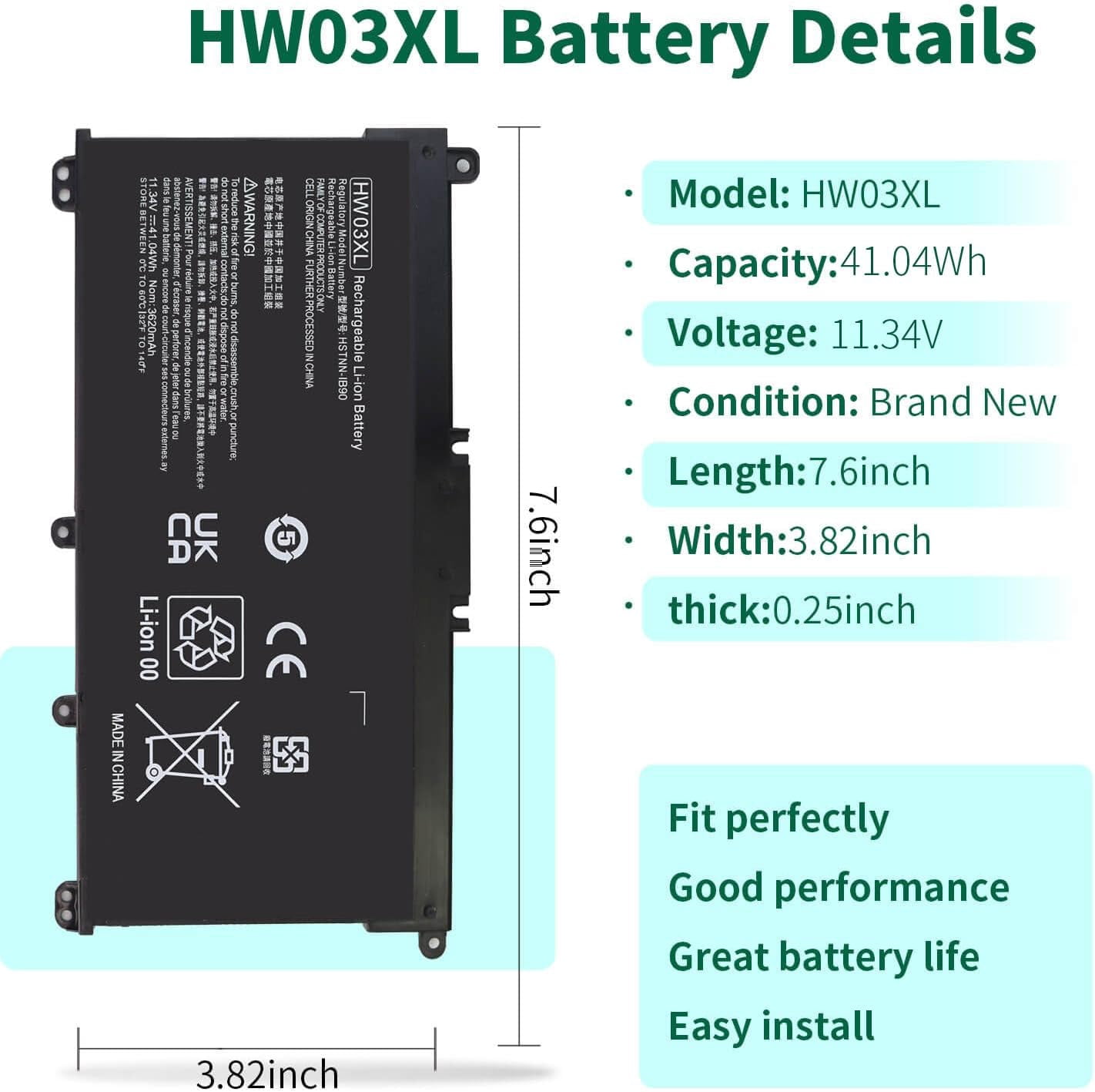 Batterie HW03XL L97300-005 Pour HP Pavilion 15-EG 15-EH 17-CN 17-CP – 11.34V 41.04Wh Remplacement HSTNN-IBB3
