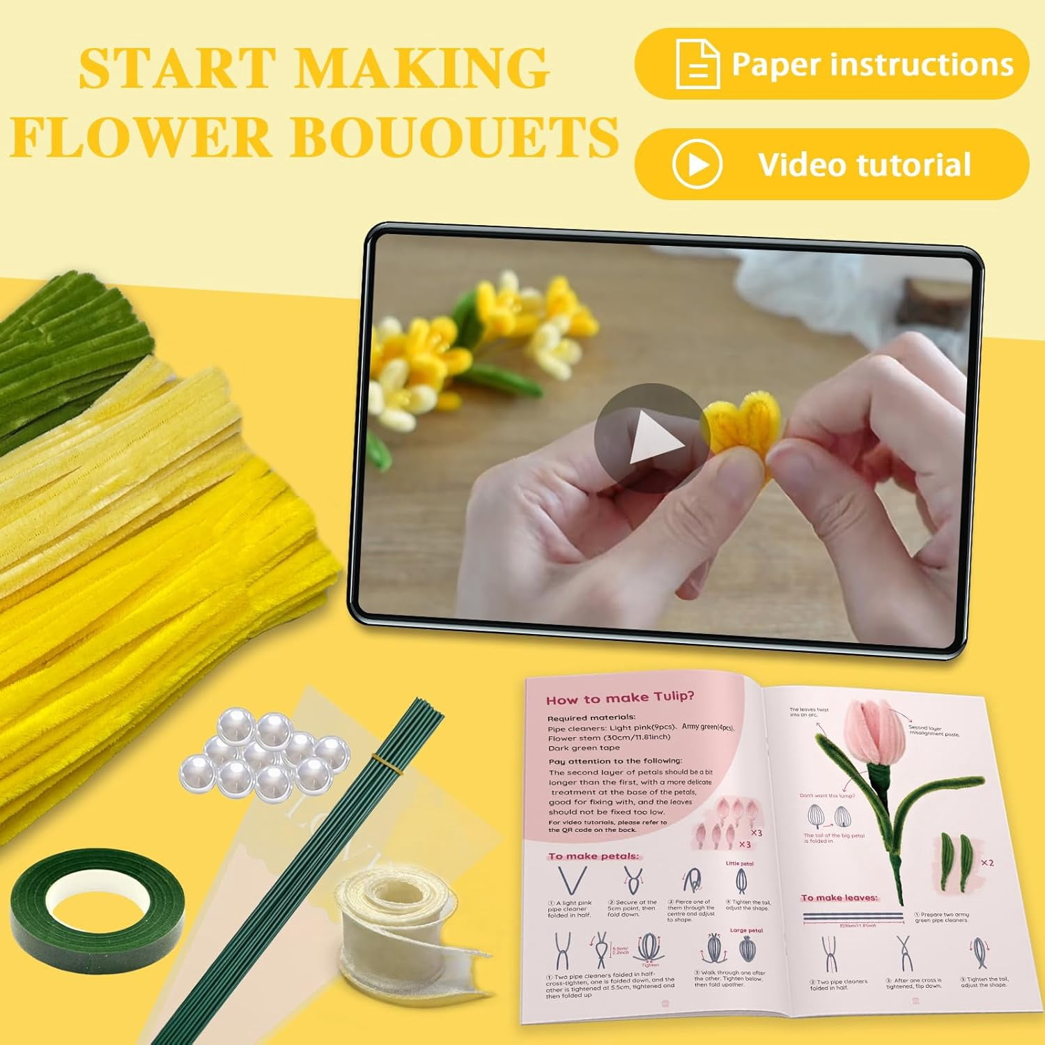150 PCS Pipe Cleaners for Craft Flowers,3 Colors Chenille Stems Bouquet Kit with Floral Wire,Tape,Ribbon,Wrapping,Bouquet Brochure for DIY Bouquets & Gifts and Arts (Yellow)