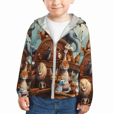 

Gaeub Animal Filled Noahs Ark Print Athletic Sun Protection Hoodie for Kids Long Sleeve Outdoor UV Shirt Running Fishing Top for Boys Girls-18 Months