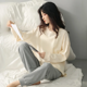 thumbnail image 1 of Pijama de cuadros de manga larga de algodón puro para mujer, conjunto de ropa de casa sencillo y bonito, estilo Ins, blanco, ligero para primavera y otoño, 1 of 4