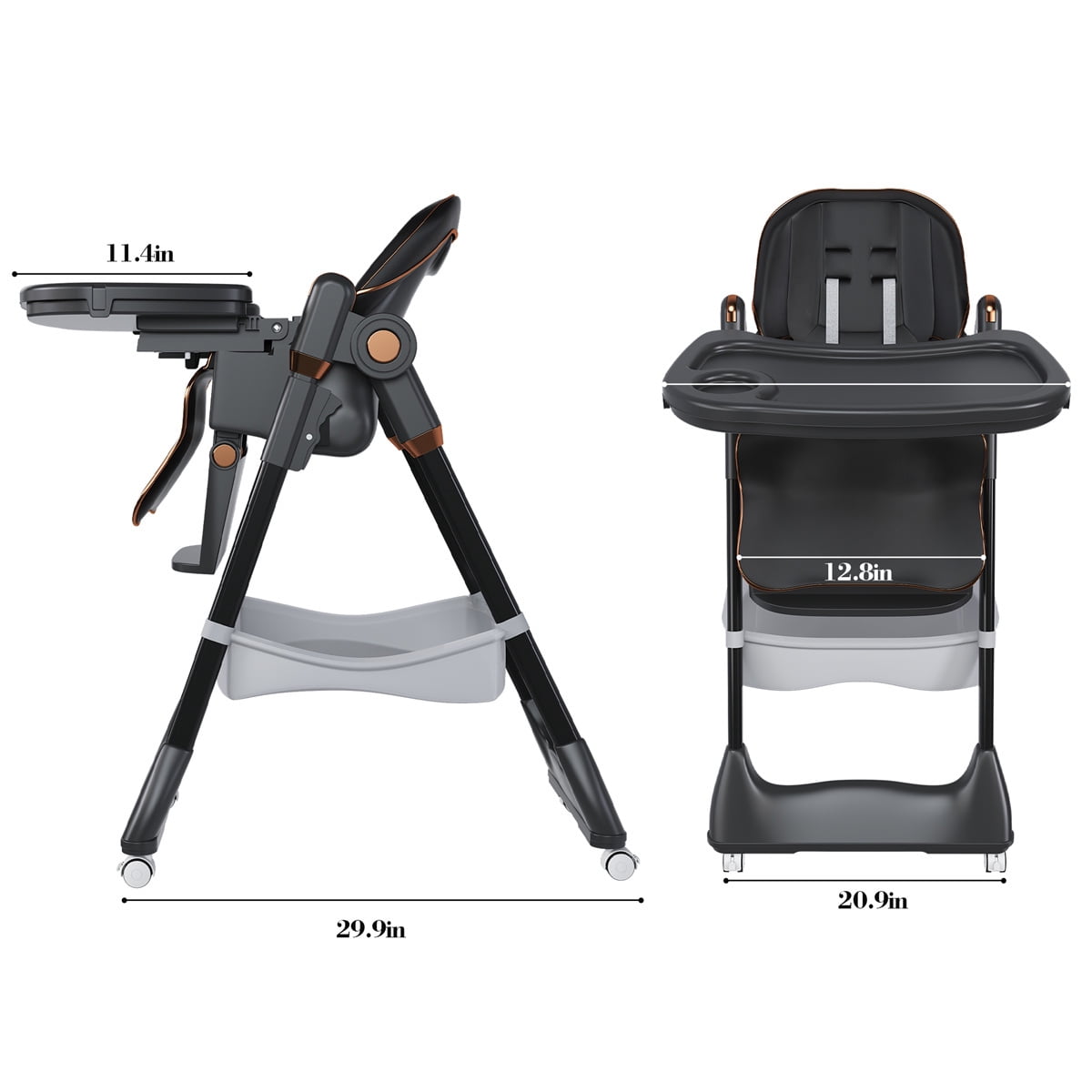 YIORTWO Adjustable Baby High Chair for 0-6 Years, Portable Infant Feeding Seat with 5-Point Belt, Lockable Wheels, Foldable & Easy Clean, Black