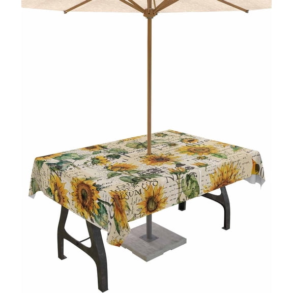 Outdoor Tablecloth with Umbrella Hole and Zipper Sunflower Rectangle Outdoor Tablecloths 60x120 Waterproof Outside Table Cloths Floral Patio Table Cloth Cover for Outdoor Tables Picnic BBQS Garden