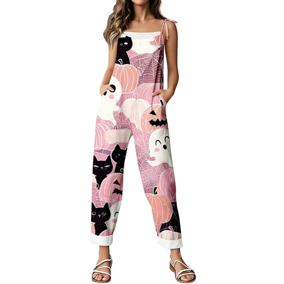 XINPING Halloween Overalls for Women, Sleeveless Spaghetti Strap Jumpsuit with Pockets, Ghost Pumpkin Print Wide Leg Baggy Romper, Adjustable Straps Fall Holiday Party Outfit 2026