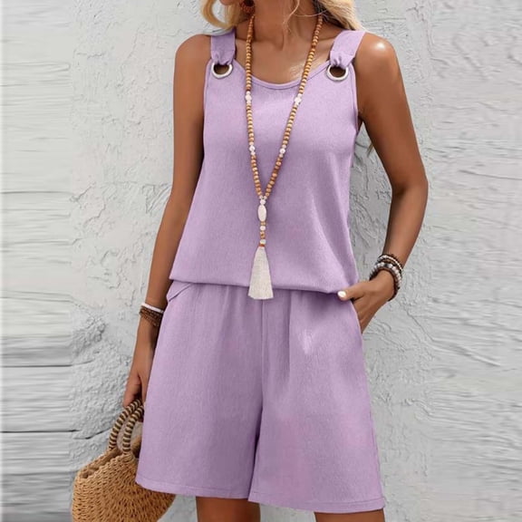 Karymi Womens Summer Tops 2-Piece Casual Outfit, Sleeveless Scoop Neck Tank Top with Metal Ring Detail Elastic Waist Shorts with Pockets, Summer Set Womens Blouses