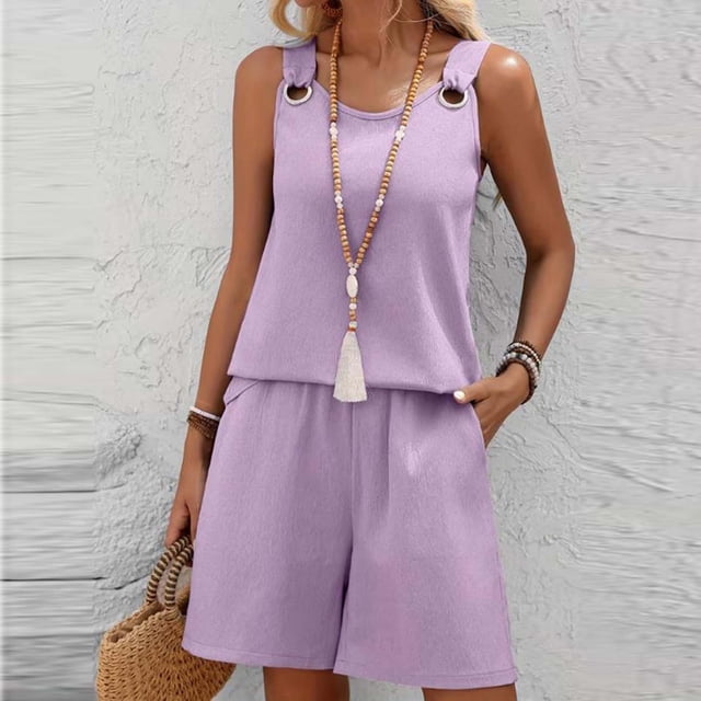 TaTaai Women Solid Color Spaghetti Strap Crew Neck 2 Piece Set Sleeveless Top Shorts Loose Fit Lightweight Breathable Machine Washable No Fading Daily Casual Street Summer Wear Gift