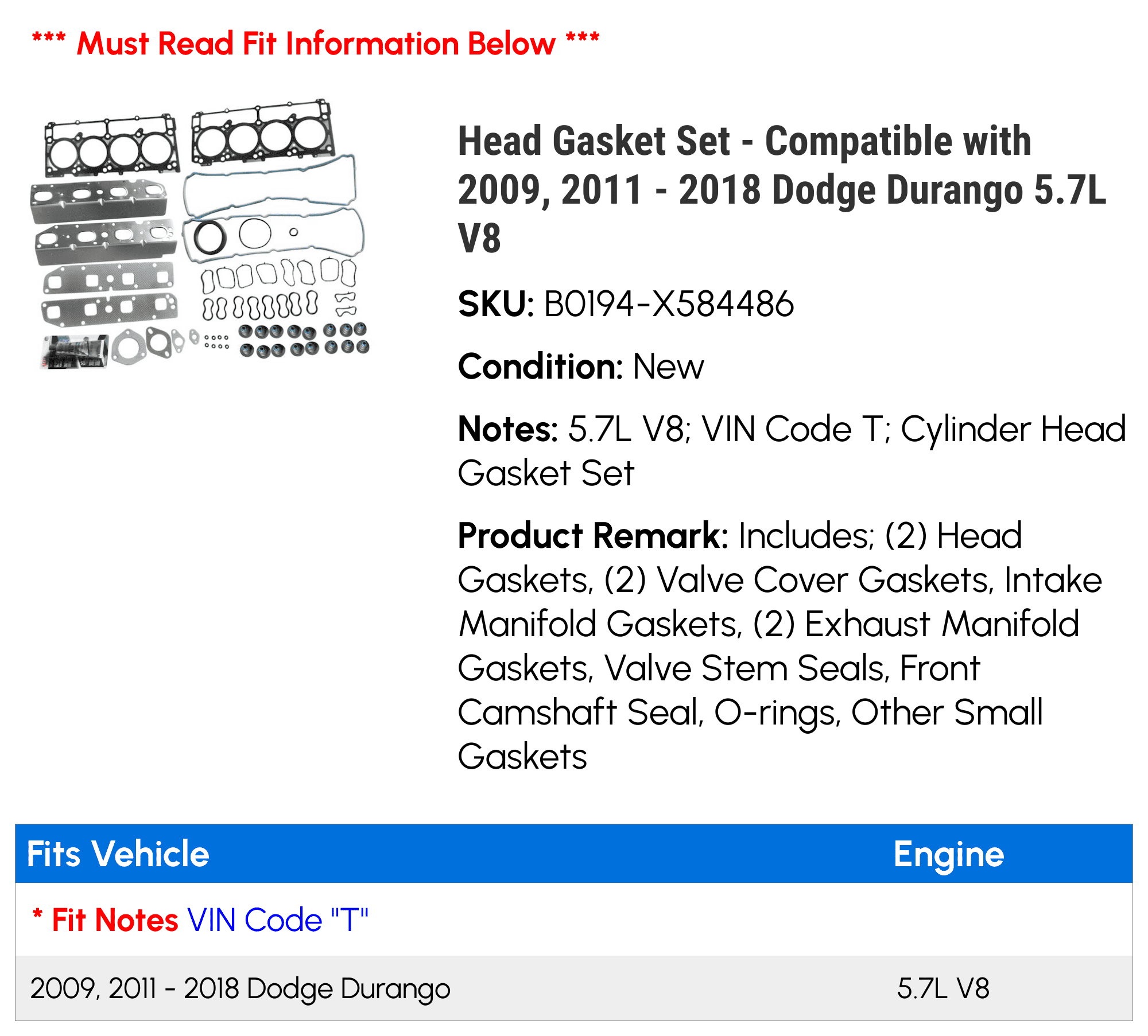 Head Gasket Set - Compatible with 2009, 2011 - 2018 Dodge Durango 5.7L V8 2012 2013 2014 2015 2016 2017