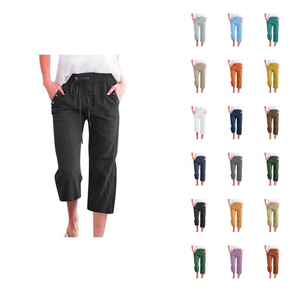 Linen Capri Pants for Women Spring Summer Elastic Waist Straight Leg Loose Fit Lightweight Cropped Pants with Pockets