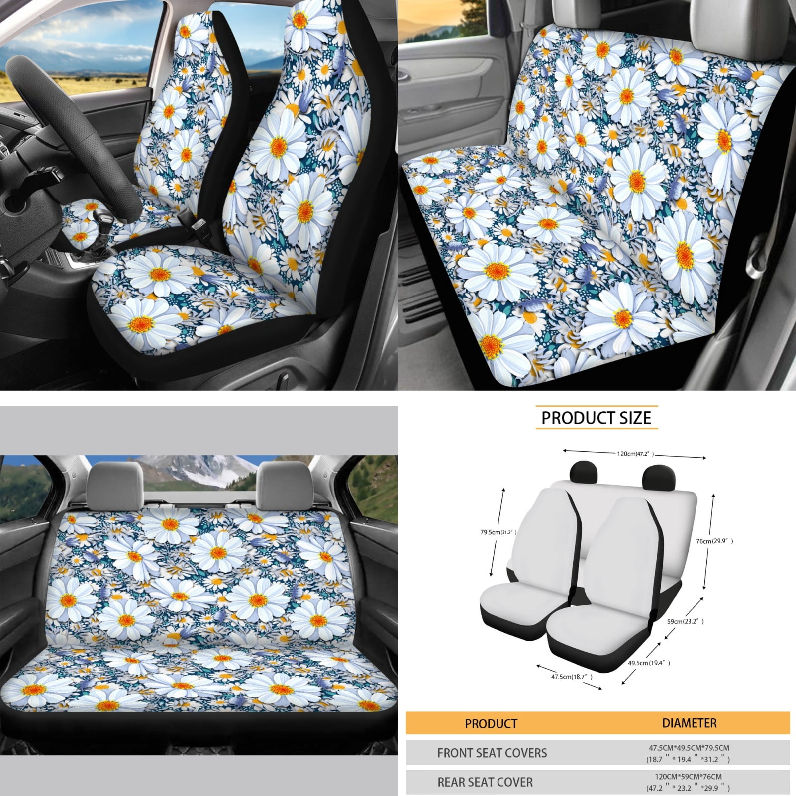 Yuyamidu Daisy Car Seat Covers Set of 16 Floral Steering Wheel Cover Handbrake Cover Gear Shift Knob Cover Seat Belt Covers Car Windshield Sun Shade Rear View Mirror Cover Coasters Key Chain