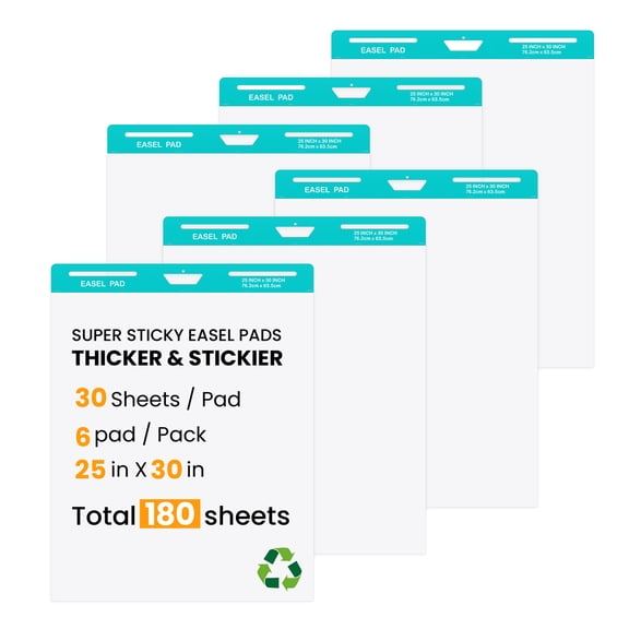 Sticky Easel Pad，Large 25x30 Inch Self-Adhesive Teacher'S Flip Chart Paper, Easel Pad with Dry Erase Surface for Classroom/Office, White, 30 Sheets/Pad, 6 Pads/Pack