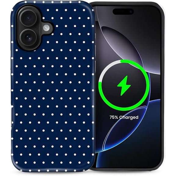 Case for iPhone 16, Compatible with MagSafe Hard Shell, Soft Silicone 2 in 1 Hybrid Shockproof Bumper Drop Protective Case Navy Blue Polka Dot