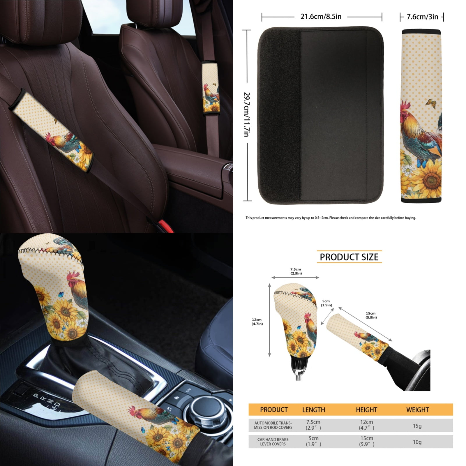 Yuyamidu 14 PCS Chicken Car Seat Cover Set Sunflower Auto Steering Wheel Cover Seat Belt Pad Cup Holder Trash Bag Gear Shift Knob Cover Set Rear View Mirror Cover Auto Armrest Cover