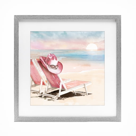Stupell Industries Coastal Blush Pink Beach Chairs Gray Framed Print Under Glass, 16 x 16, by Paul Mathenia