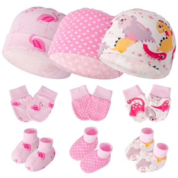 Baby Hat and Mitten Set with Newborn Socks 3 Complete Baby Caps Gloves Socks Sets for 0-6 Months Girls Boys