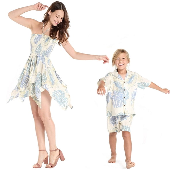Matching Mother Son Hawaiian Luau Outfit Gypsy Dress Shirt in Lotus and Orchid