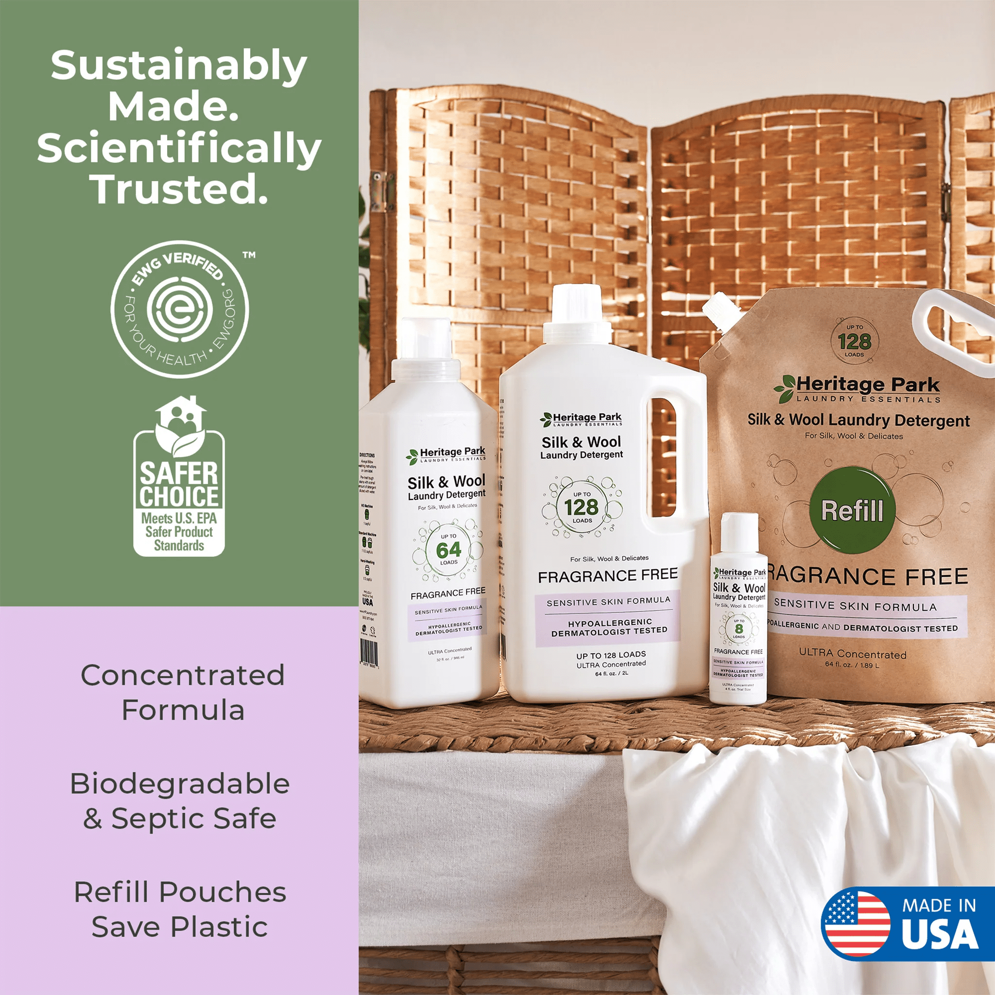 Heritage Park Silk & Wool Fragrance Free, Hypoallergenic, pH-Neutral Laundry Detergent - Dermatologist-tested, Sensitive Skin-Friendly, Enzymes-Free, Ultra Concentrated (4 Fl Oz)