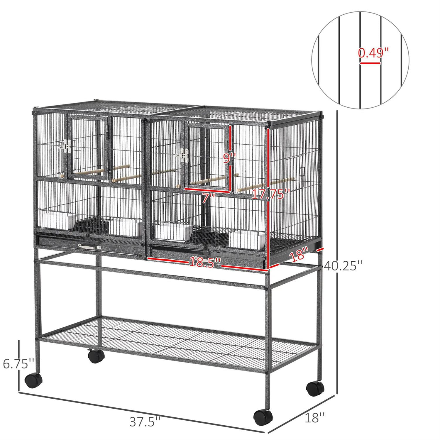 Pefilos Divided Breeder Bird Aviary, 40" Birdcage with Rolling Stand , Removable Bottom Tray and Wood Perch, Ideal for Finches, Parakeet, Black