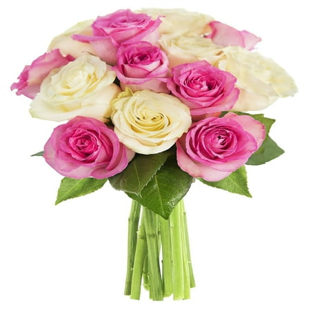 KaBloom :12 Pink, 12 White Roses, 3 Greens with Vase, Next-Day Delivery, Gift for Every Occasion.