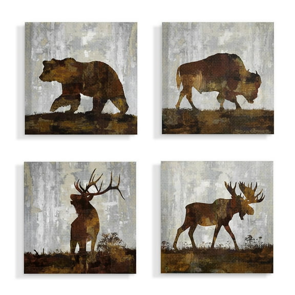 The Stupell Home Decor Collection Grey and Brown Watercolor Distressed Texture Woodland Animals Bear Buffalo Deer and Moose 4pc Stretched Canvas Art Set, 17 x 1.5 x 17