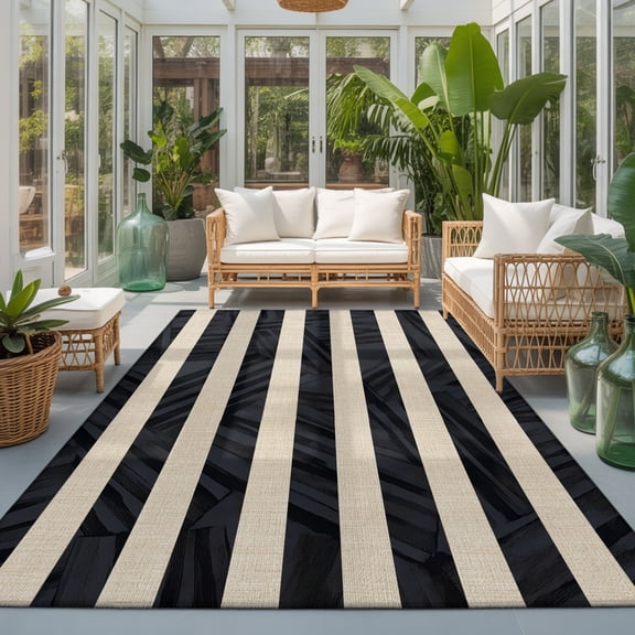 Black Cream Stripes Washable Living Room Rugs 8'x10', Minimalist Black Slant Line Washable Throw Large Area Rug Non-Slip Sturdy Edge Binding Carpet for Bedroom Dining Room Office