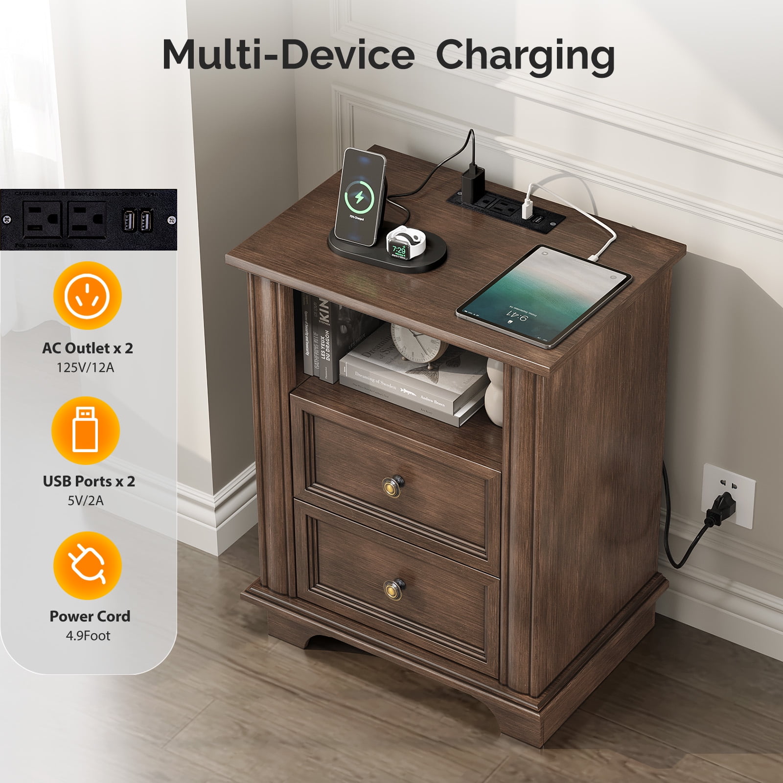 2-Drawer Bedside Table with Shelves and Sockets, MDF Painted Retro Nightstand, Brown, 19.69 x 13.78 x 25.67 in