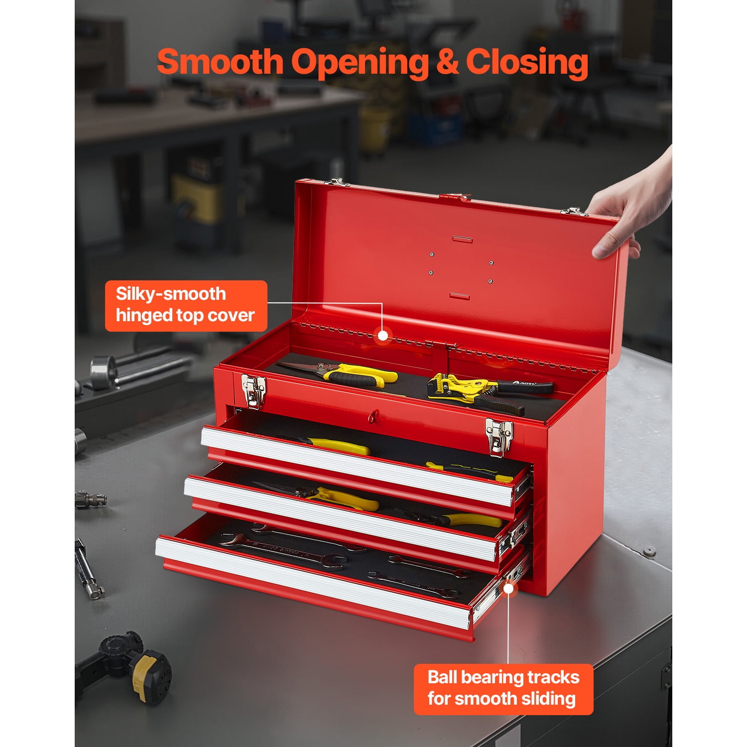 KFFKFF 20.5-Inch Portable Metal Tool Box with 3 Drawers, Small Tool Chest Featuring EVA Liners, Ball-Bearing Slides, Lockable Design, and Powder-Coated Finish, Red Multi-Purpose Organizer