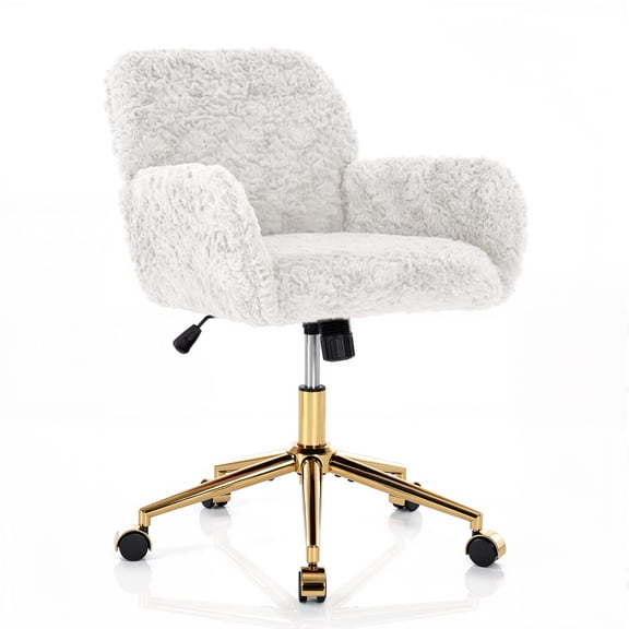 PAPROOS Vanity Chair with Back, Home Office Chair, Ergonomic Home Desk Chair with Artificial Rabbit Hair, Adjustable Swivel Task Computer Chair with Arm, Wheels, Beige