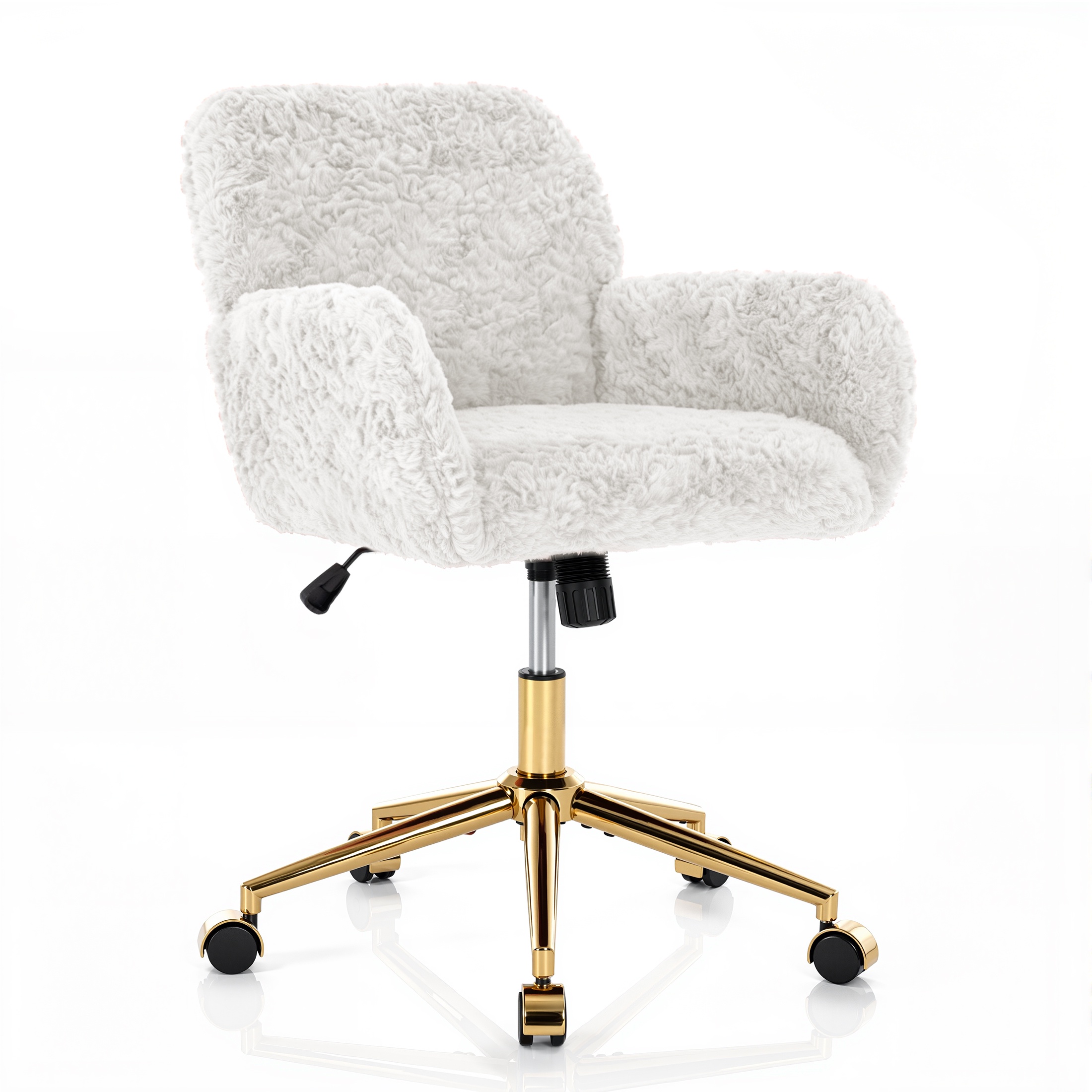PAPROOS Vanity Chair with Back, Adjustable Swivel Makeup Desk Chair with Wheels and Arms, Fluffy Home Office Task Chair with Artificial Rabbit Hair for Bedroom, Dorm, Study Room, Beige