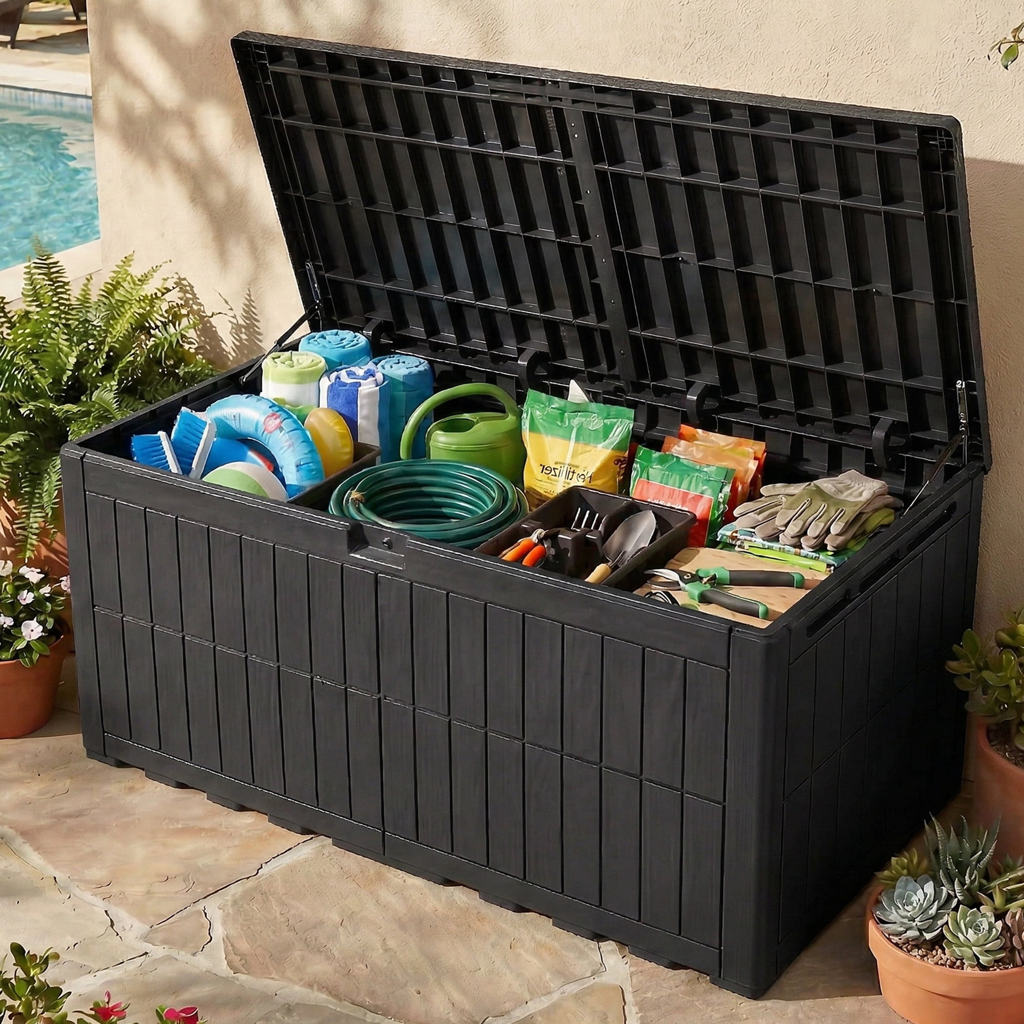 Dextrus 200 Gallon XL Resin Deck Box, Black Waterproof Outdoor Storage Box, Lockable Container with 3-Person Bench Seating, Perfect for Patio Cushions, Garden Tools and Pool Supplies