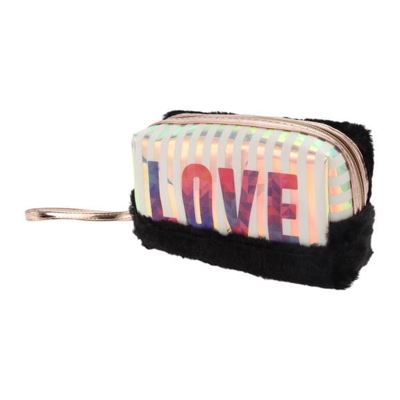 Unique Bargains 1 Pc Women Portable Vertical Stripes LOVE Makeup Bag for Travel Vacation Plush Black