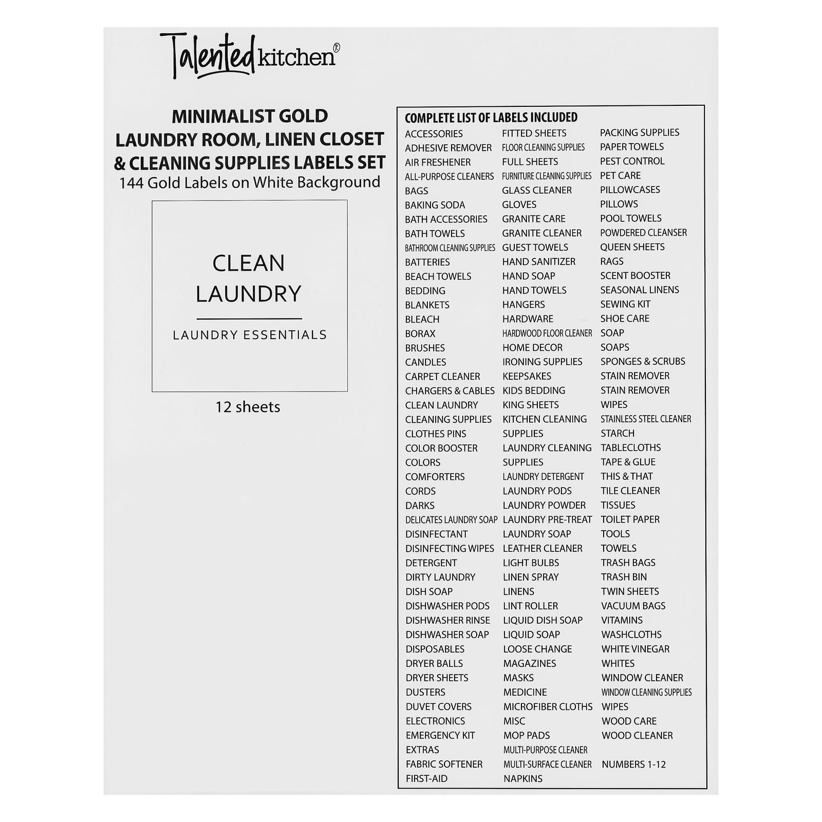 Talented Kitchen 144 Minimalist Laundry Room Labels, Organization Stickers  for Glass Jars, Containers, Spray Bottles (Gold Print on White Matte  Backing)