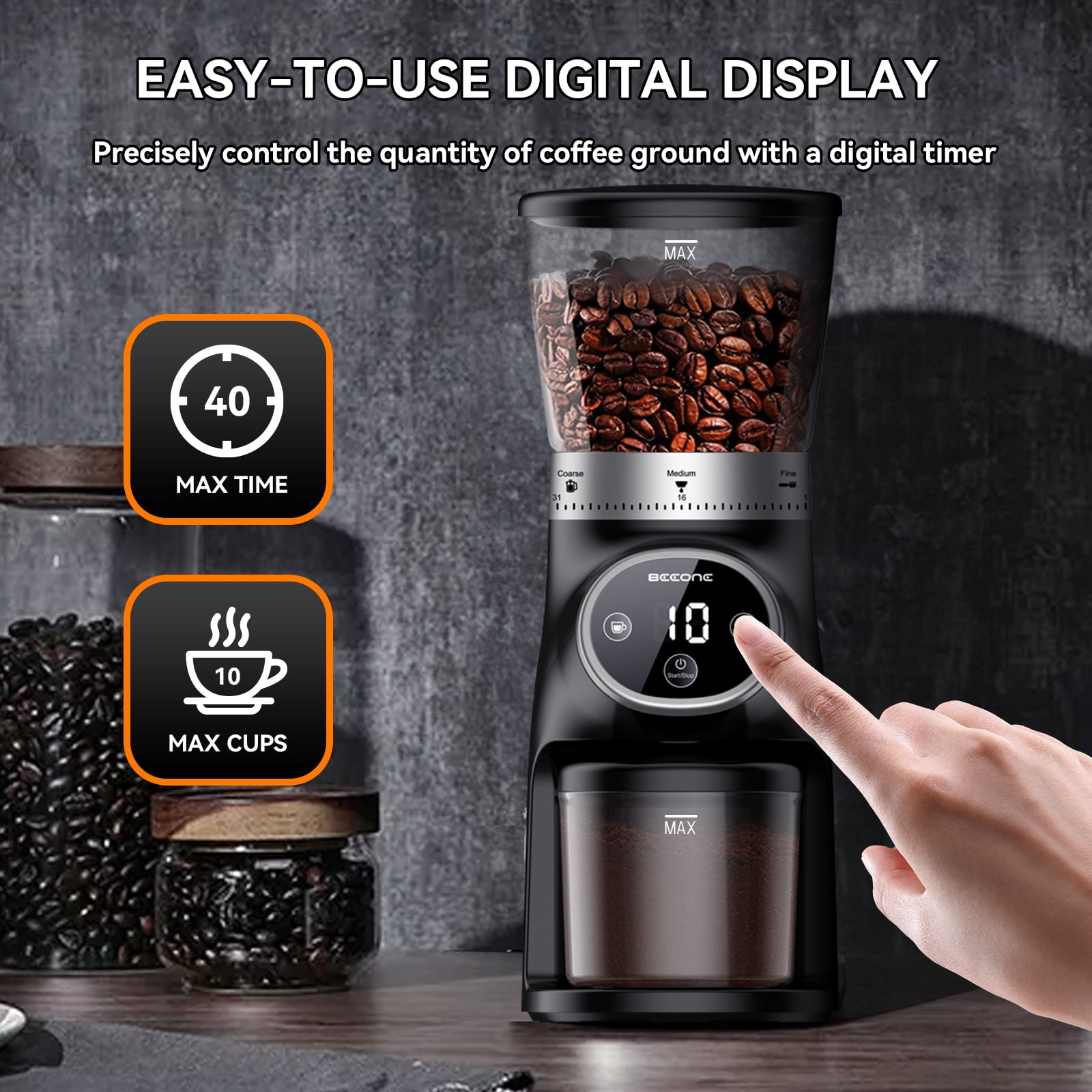 Conical Burr Coffee Bean Grinder with Precision Timer , Espresso Grinder with 31 Precise Settings for Home Use , Coffee Bean Grinder Electric with Touchscreen , Countdown Display, Black