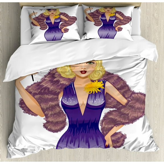 Pin up Girl King Size Duvet Cover Set, Vintage 1930s Style Blonde Lady with Curly Hair in Costume Party Entertainment, Decorative 3 Piece Bedding Set with 2 Pillow Shams, Multicolor, by Ambesonne
