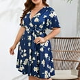 thumbnail image 4 of Wycnly Summer Dresses for Women Tie Waist Pleated Swing Plus Size A Line Short Dresses Short Sleeve V-Neck Floral Print Mini 2024 Casual Dress Dark Blue xl Clearance Under $5, 4 of 7