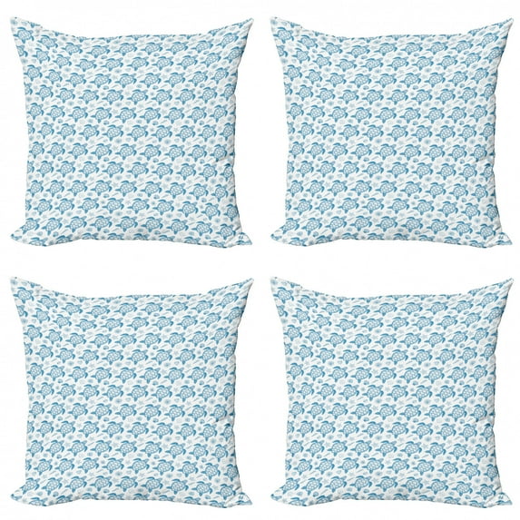 Ambesonne Turtle Throw Pillow Cover 4 Pack, Underwater Fauna Motif, 16", Blue and White