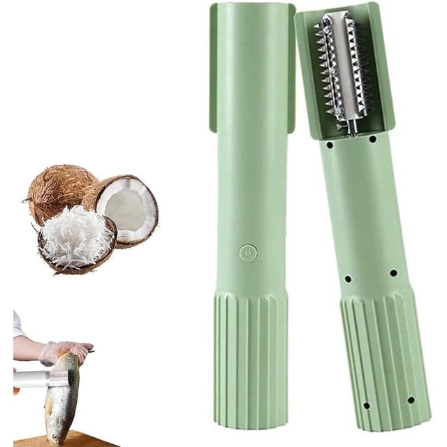 Electric Coconut Grater Machine, Handheld Scraper Peeler Shredder, Anti-Splash Rotating Grater for Kitchen, Stainless Steel Coconut Crusher Manual Electric Roller, Fish Scaler Tool (Blue)