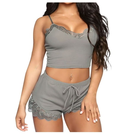 

BIZIZA Women Pajama Set Soft 2 Piece PJ Sets Loungewear Lace Sleepwear Cami Top and Shorts Gray S