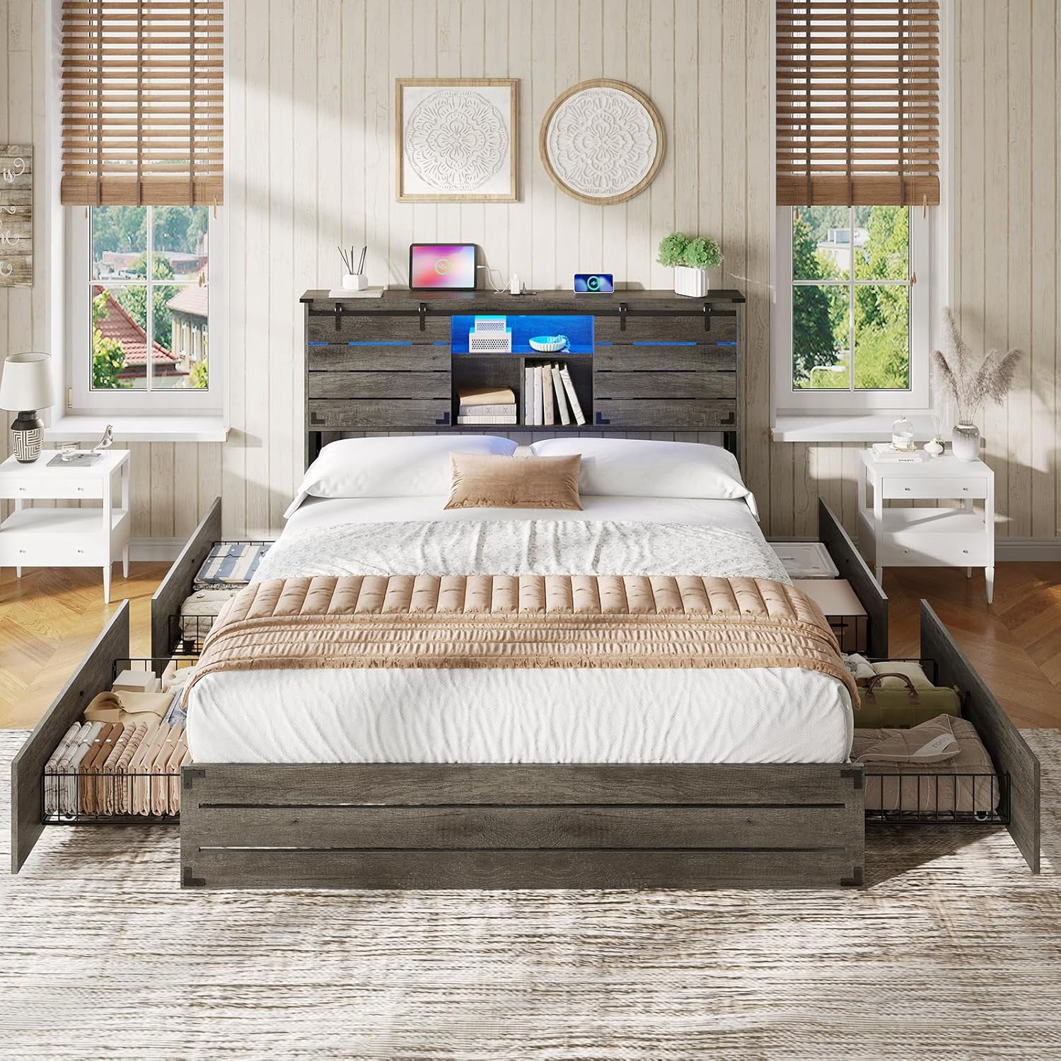 Wooden Bed Frame Queen Size with Bookcase Headboard and Sliding Barn Door, Farmhouse Queen Bed Frame with Charging Station, LED Lights and 4 Storage Drawers, No Box Spring Needed, Grey